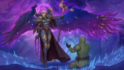 1boy 1girl adepta_sororitas armor astra_militarum beads black_gloves blonde_hair blue_wings breastplate breasts cape chaos_(warhammer) corruption extra_eyes eye_symbol facial_mark gloves gradient_hair gradient_wings green_helmet helmet highres holding holding_staff magic multicolored_hair multicolored_wings pelvic_curtain prayer_beads purple_cape purple_eyes purple_hair purple_wings skull staff warhammer_40k wings yangzheyy