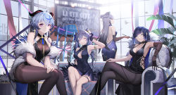 Rule 34 | 4girls, absurdres, ahoge, alternate costume, arm up, armpits, backless dress, backless outfit, bare arms, bare legs, bare shoulders, bell, billboard, black choker, black dress, black gloves, black pantyhose, blue hair, bob cut, bodystocking, bodysuit, bodysuit under clothes, braid, breasts, brown bodysuit, brown pantyhose, change (1044080555), choker, cleavage, closed mouth, clothing cutout, cone hair bun, couch, cross-laced clothes, crossed legs, dark blue hair, diagonal bangs, double bun, dress, elbow gloves, elbow rest, english text, expressionless, feather boa, feet out of frame, ganyu (genshin impact), genshin impact, gloves, goat horns, hair bun, hair ornament, hair stick, halter dress, halterneck, hand on own head, highres, holding, holding smoking pipe, horns, indoors, keqing (genshin impact), knees together feet apart, leaf, long hair, looking at viewer, looking back, medium breasts, multicolored hair, multiple girls, neck bell, ningguang (genshin impact), on couch, pantyhose, purple eyes, purple hair, short hair, sitting, smoking pipe, standing, streaked hair, thigh strap, thighband pantyhose, twintails, very long hair, white hair, window, yelan (genshin impact)
