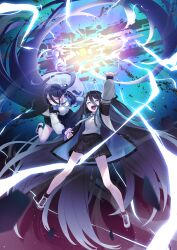 Rule 34 | &lt;key&gt; (blue archive), 2girls, absurdres, aris (blue archive), arm up, black hair, black hairband, black jacket, black skirt, blue archive, blue eyes, blue jacket, blue necktie, collared shirt, commentary request, dual persona, glowing, hair between eyes, hairband, highres, jacket, light particles, lightning, long hair, long sleeves, looking up, multicolored clothes, multicolored jacket, multiple girls, necktie, one side up, open clothes, open jacket, open mouth, purple eyes, rakura (rakurax), shirt, shirt tucked in, shoes, skirt, sneakers, spoilers, two-sided fabric, two-sided jacket, very long hair, white footwear, white jacket, white shirt, wide shot