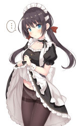 Rule 34 | ..., 1girl, apron, aqua eyes, azur lane, black dress, black hair, black pantyhose, black ribbon, blush, breasts, closed mouth, clothes lift, collarbone, commentary request, cowboy shot, crotch seam, dress, dress lift, frilled apron, frilled sleeves, frills, glasgow (azur lane), hair ribbon, highres, lifted by self, long hair, looking at viewer, low twintails, maid, maid headdress, medium breasts, neck garter, neck ribbon, panties, panties under pantyhose, pantyhose, puffy short sleeves, puffy sleeves, red ribbon, ribbon, short sleeves, sidelocks, simple background, solo, speech bubble, spoken ellipsis, thighband pantyhose, twintails, underwear, white apron, white background, white panties, wrist cuffs, yamasan