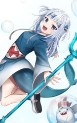 Rule 34 | 1girl, :d, animal hood, bloop (gawr gura), blue eyes, blue hair, fins, fish tail, from behind, from side, gakuon (gakuto), gawr gura, grey hair, hair ornament, holding, holding weapon, hololive, hololive english, hood, jumping, lifted by tail, light blush, long hair, long sleeves, looking at viewer, multicolored hair, no pants, open mouth, polearm, shark girl, shark hair ornament, shark hood, shark tail, sharp teeth, sleeves past wrists, smile, solo, streaked hair, tail, teeth, trident, two side up, virtual youtuber, weapon, wide sleeves