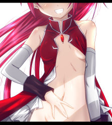 Rule 34 | 10s, 1girl, bare shoulders, blush, bottomless, breasts, detached sleeves, fumihiro, grin, head out of frame, jewelry, letterboxed, long hair, magical girl, mahou shoujo madoka magica, mahou shoujo madoka magica (anime), navel, no bra, no panties, open clothes, out-of-frame censoring, ponytail, red hair, sakura kyoko, simple background, small breasts, smile, solo, soul gem, spread navel, underboob, white background