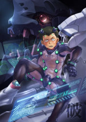 Rule 34 | 1boy, black eyes, black hair, blush, bulge, embarrassed, erection, erection under clothes, highres, holographic interface, male focus, mecha, neon genesis evangelion, neon genesis evangelion (manga), neon lights, nipples, pagumi, penis, plugsuit, robot, see-through, sitting, solo, suzuhara touji, sweat, testicles, text focus