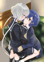 Rule 34 | 2girls, blue dress, blue hair, blue jacket, blush, couch, couple, dress, eye contact, flower, grey hair, hair flower, hair ornament, hands on another&#039;s cheeks, hands on another&#039;s face, jacket, kneehighs, konno junko, looking at another, mizuno ai, multiple girls, on couch, ooshima tomo, plaid, plaid skirt, sailor dress, school uniform, signature, single stripe, sitting, sitting on lap, sitting on person, skirt, smile, socks, twitter username, yuri, zombie land saga
