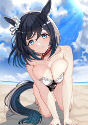 Rule 34 | 1girl, alternate costume, animal ears, bare shoulders, barefoot, beach, black hair, blue eyes, blue sky, breasts, breasts squeezed together, cleavage, cloud, cloudy sky, ear ornament, eishin flash (umamusume), highres, horse ears, horse girl, horse tail, jewelry, large breasts, looking at viewer, necklace, ocean, on ground, one-piece swimsuit, outdoors, sand, short hair, sky, smile, solo, swimsuit, tail, tsukiyuki mike, umamusume
