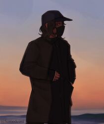 Rule 34 | 1boy, black hat, black pants, dream smp, hat, highres, long sleeves, looking to the side, medium hair, pants, quackity, real life, solo, somedeimi, sunset