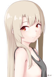 Rule 34 | 1girl, absurdres, bare shoulders, black shirt, blonde hair, blush, breasts, commentary, face, fate/kaleid liner prisma illya, fate (series), highres, illyasviel von einzbern, long hair, looking at viewer, pear sauce, red eyes, shirt, signature, simple background, sleeveless, sleeveless shirt, small breasts, smile, solo, white background
