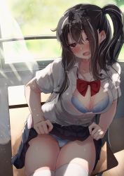 Rule 34 | 1girl, alternate costume, azur lane, black hair, blue bra, blue panties, blush, bra, breasts, cleavage, clothes lift, desk, hato haru, large breasts, lifting own clothes, multicolored hair, on desk, one side up, open mouth, panties, pantyshot, red eyes, school uniform, short sleeves, sidelocks, sitting, on desk, skirt, skirt lift, solo, streaked hair, sweat, thighhighs, u-47 (azur lane), underwear, white thighhighs