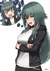 Rule 34 | 1girl, :o, arms under breasts, black jacket, blush, breasts, commentary request, gakuen idolmaster, green eyes, green hair, hair flaps, highres, holding own arm, hood, hooded jacket, idolmaster, jacket, large breasts, long hair, looking at viewer, open clothes, open jacket, oregano (olgn eao), raised inner eyebrows, shirt, signature, simple background, solo, tears, thought bubble, tsukimura temari, very long hair, white background, white shirt