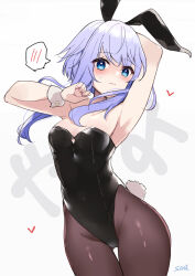 Rule 34 | 1girl, animal ears, armpits, ass, black leotard, black pantyhose, breasts, commentary request, cowboy shot, highres, kantai collection, leotard, looking at viewer, pantyhose, playboy bunny, purple hair, rabbit ears, rabbit tail, short hair, short hair with long locks, small breasts, solo, sou (soutennkouchi), spoken blush, strapless, strapless leotard, tail, thigh gap, white background, wrist cuffs, yayoi (kancolle)