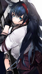 Rule 34 | 1girl, animal ears, arknights, black gloves, black hair, blaze (arknights), blue eyes, cat ears, cat girl, chainsaw, commentary request, from behind, gloves, hairband, highres, holding, holding chainsaw, holding weapon, jacket, long hair, looking at viewer, looking back, midu5, parted lips, pouch, red hairband, short sleeves, sidelocks, solo, upper body, weapon, white jacket