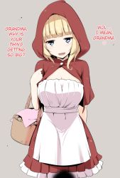 Rule 34 | 1girl, basket, blonde hair, blue eyes, blush, breasts, cleavage, erection, hard-translated, hood, kichihachi, little red riding hood, little red riding hood (grimm), looking at viewer, silhouette, smile, solo, third-party edit, translated