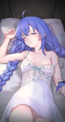 Rule 34 | 1girl, absurdres, ahoge, areola slip, arm up, bare shoulders, bed sheet, blue eyes, blue hair, braid, breasts, breasts apart, camisole, cleavage, closed mouth, floral print, frilled camisole, frills, half-closed eyes, highres, looking at viewer, lying, mushoku tensei, nipples, on back, on bed, one eye closed, panties, pantyshot, pillow, print camisole, roxy migurdia, small breasts, solo, spaghetti strap, strap slip, tarou (user tpmh7442), twin braids, underwear, white camisole, white panties