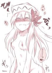 Rule 34 | 1girl, ^ ^, blush, bow, breasts, clenched teeth, closed eyes, closed eyes, female focus, full-face blush, hat, lily white, long hair, monochrome, motion blur, nipples, nude, out-of-frame censoring, solo, tears, teeth, touhou, wince, yutamaro