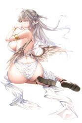 Rule 34 | 1girl, absurdres, ahoge, amatsuji, armlet, ass, backless dress, backless outfit, bare back, bare shoulders, blue eyes, breasts, colored eyelashes, commentary request, dress, floating hair, from behind, grey eyes, grey hair, hair between eyes, hand on own face, highres, large breasts, long hair, looking at viewer, looking back, low wings, original, pointy ears, sandals, shoulder blades, sideboob, sidelocks, simple background, sleeveless, sleeveless dress, solo, thighs, thong, very long hair, white background, white dress, wings