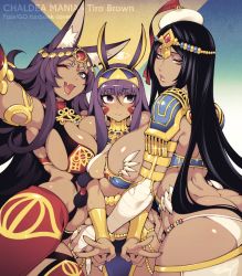 Rule 34 | 3girls, animal ear fluff, animal ears, ass, bandaged arm, bandages, black hair, breasts, butt crack, circlet, closed mouth, commentary request, dark-skinned female, dark skin, double v, egyptian, egyptian clothes, facial mark, fate/grand order, fate (series), fishine, girl sandwich, green eyes, hairband, huge breasts, large breasts, long hair, multiple girls, nitocris (fate), one eye closed, open mouth, parted lips, purple eyes, purple hair, queen of sheba (fate), sandwiched, scheherazade (fate), usekh collar, v