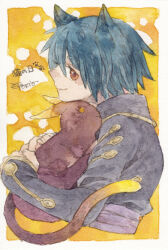 Rule 34 | 1boy, animal ears, black coat, blue hair, cat ears, chrono cross, closed mouth, coat, commentary request, creature, dark serge (chrono cross), dated, hair between eyes, kemonomimi mode, long sleeves, looking at viewer, looking to the side, male focus, orange eyes, painting (medium), profile, short hair, signature, smile, tokio (okt0w0), traditional media, upper body, watercolor (medium)