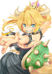 Rule 34 | &gt;:), 1girl, 5t, armlet, arms up, back, black collar, black dress, blonde hair, blue eyes, borrowed design, bowsette, bracelet, breath weapon, breathing fire, collar, commentary request, crown, dress, earrings, fingernails, fire, floating hair, from side, grin, hair between eyes, high ponytail, highres, horns, jewelry, long hair, looking at viewer, looking back, mario (series), new super mario bros. u deluxe, nintendo, outstretched arm, pointy ears, ponytail, sharp fingernails, sharp teeth, shoulder blades, sidelocks, simple background, slit pupils, smile, solo, spiked armlet, spiked bracelet, spiked collar, spiked shell, spiked tail, spikes, strapless, strapless dress, super crown, tail, teeth, turtle shell, upper body, v-shaped eyebrows, white background