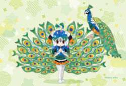 1girl animal bird bird_girl bird_tail bird_wings black_eyes blue_hair feathered_wings full_body green_background head_wings kemono_friends kikuchi_milo long_hair looking_at_viewer multicolored_hair pantyhose peafowl_(kemono_friends) shirt shoes skirt tail wings