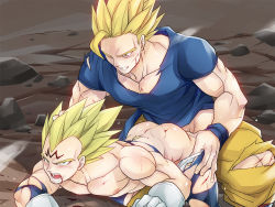 Rule 34 | 2boys, anal, ass, bara, blonde hair, blood, blood from mouth, blue bodysuit, blue shirt, bodysuit, clenched teeth, dragon ball, dragonball z, facial mark, gacharunta, gloves, green eyes, injury, large pectorals, majin vegeta, male focus, male penetrated, multiple boys, muscular, muscular male, nipples, nude, open mouth, orange pants, pants, pectorals, saiyan, sex, sex from behind, shirt, short hair, spiked hair, super saiyan, super saiyan 2, teeth, thick thighs, thighs, torn bodysuit, torn clothes, vegeta, white gloves, yaoi