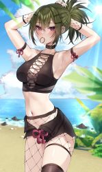 Rule 34 | 1girl, alternate costume, arm strap, armpits, arms up, beach, black nails, blue sky, breasts, cleavage, crop top, day, fishnets, genshin impact, green hair, hair tie in mouth, highres, kuki shinobu, looking at viewer, medium breasts, midriff, mouth hold, nail polish, navel, outdoors, purple eyes, short ponytail, single thighhigh, sky, solo, stomach, sunlight, thigh strap, thighhighs, vitaminechan