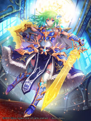 Rule 34 | 1girl, armor, armored boots, artist name, blue eyes, boots, company name, covered navel, earrings, fang, full body, gloves, green hair, gyakushuu no fantasica, hair ornament, jewelry, long hair, nell p, official art, shield, solo, sparkle, star-shaped pupils, star (symbol), star hair ornament, sword, symbol-shaped pupils, thighhighs, weapon, window