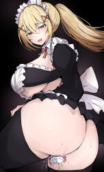 Rule 34 | 1girl, ass, black background, black dress, black thighhighs, blonde hair, blue eyes, breasts, commentary, darkness (konosuba), dress, drooling, english commentary, hair between eyes, hair ornament, heart, heart-shaped pupils, highres, huge breasts, kono subarashii sekai ni shukufuku wo!, long hair, long sleeves, looking at viewer, maid, maid headdress, masochism, object insertion, official alternate costume, open mouth, ponytail, pussy juice, sak1 01, sex toy, solo, symbol-shaped pupils, tears, thighhighs, vaginal, vaginal object insertion, vibrator, x hair ornament