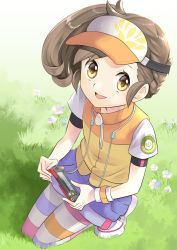Rule 34 | 1girl, brown hair, camera, commentary request, creatures (company), denim, denim shorts, eyelashes, game freak, grass, hat, holding, holding camera, kneeling, looking at viewer, morisawa machi, new pokemon snap, nintendo, open mouth, orange hat, outdoors, pantyhose, pokemon, ponytail, river (pokemon), shoes, short sleeves, shorts, smile, solo, striped clothes, striped pantyhose, tongue, visor cap, white footwear, wristband