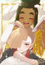 Rule 34 | 2boys, :d, absurdres, ahoge, alternate costume, animal ears, black kimono, blonde hair, blush, closed eyes, closed mouth, commentary request, creatures (company), dark-skinned male, dark skin, ear piercing, eyelashes, game freak, gladion (pokemon), green eyes, green hair, hair over one eye, hands up, hau (pokemon), highres, japanese clothes, kimono, looking at viewer, male focus, multiple boys, nintendo, open mouth, piercing, pokemon, pokemon sm, rabbit ears, short hair, smile, split mouth, ssn (sasa8u9r), teeth, tongue, upper teeth only, yellow kimono
