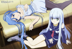 Rule 34 | 10s, 2girls, absurdres, aoki hagane no arpeggio, bare legs, bare shoulders, blue eyes, blue hair, boots, cross-laced footwear, detached sleeves, green eyes, highres, iona (aoki hagane no arpeggio), kawasaki tsukasa, legs, long hair, lying, megami magazine, mole, mole under mouth, multiple girls, non-web source, official art, on back, on side, pantyhose, personification, school uniform, takao (aoki hagane no arpeggio), very long hair