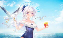 Rule 34 | 1girl, bare shoulders, bird, blue archive, blurry, blurry background, blush, bow, breasts, casual one-piece swimsuit, cleavage, cloud, day, food, french fries, hair bow, halo, hands up, highres, holding, holding food, horizon, long hair, looking to the side, mcdonald&#039;s, miyako (blue archive), miyako (swimsuit) (blue archive), notice lines, ocean, one-piece swimsuit, open mouth, outdoors, ponytail, purple eyes, seagull, small breasts, solo, swimsuit, upper body, water, white hair, zhongji yaoguai