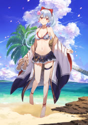 Rule 34 | 1girl, anklet, bare shoulders, barefoot, beach, bikini, bikini skirt, blue sky, blush, bow, breasts, cleavage, closed mouth, cloud, collarbone, commentary, day, fate/grand order, fate (series), flower, full body, hair between eyes, hair flower, hair ornament, hair ribbon, highres, holding, holding shoes, japanese clothes, jewelry, kimono, long hair, looking at viewer, medium breasts, navel, ocean, off shoulder, outdoors, palm tree, petals, ponytail, red bow, red eyes, ribbon, sand, sandals, unworn sandals, shoes, sky, smile, solo, standing, stomach, swimsuit, tomoe gozen (fate), tree, tsukino (nakajimaseiki), twitter username, very long hair, white hair