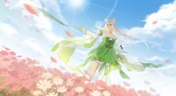 Rule 34 | 1girl, absurdres, animal ears, artist request, baiguio (zhu xian), bare shoulders, blue sky, closed mouth, cloud, detached sleeves, dress, falling petals, field, floating hair, flower, flower field, fox ears, green dress, green nails, highres, looking to the side, petals, ribbon, second-party source, single thighhigh, sky, smile, solo, sun, thighhighs, white hair, zhu xian