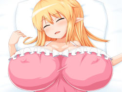Rule 34 | 1girl, bed, blonde hair, blush, breasts, covered erect nipples, closed eyes, female focus, gigantic breasts, highres, long hair, lying, monaka (gatinemiku), on back, open mouth, pointy ears, sleeping, solo