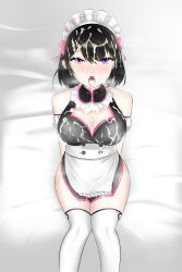Rule 34 | 1girl, apron, arms behind back, bai winchester, bameong, bare shoulders, bed sheet, black hair, blush, breasts, breath, cleavage, closers, cum, cum in mouth, cum on body, cum on breasts, cum on clothes, cum on hair, cum on tongue, cum on upper body, detached collar, dot nose, facial, female focus, half-closed eyes, heterochromia, highres, knees together feet apart, large breasts, legs together, looking at viewer, maid, maid apron, maid headdress, on bed, open mouth, purple eyes, short hair, sitting, solo, teeth, thighhighs, tongue, tongue out, upper teeth only, white thighhighs