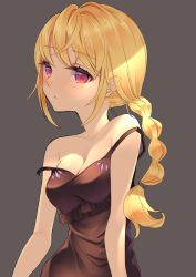 Rule 34 | 1girl, bare shoulders, blonde hair, blush, braid, breasts, camisole, cleavage, highres, long hair, looking at viewer, momo-cherry, original, ponytail, purple eyes, sleeveless, solo, spaghetti strap, strap slip, tan