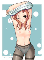 Rule 34 | 00s, 1girl, armpits, arms up, blush, bow, bow panties, breasts, brown eyes, brown hair, clothes lift, crotch seam, flat chest, johnny (from scratch), long hair, navel, one eye closed, panties, panties under pantyhose, pantyhose, saki (manga), shirt lift, small breasts, solo, striped clothes, striped panties, takei hisa, thighband pantyhose, topless, underwear, undressing, wince, wink