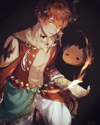 Rule 34 | 1boy, abs, absurdres, asa ifrit, demon boy, demon horns, fire, highres, horns, indie virtual youtuber, male focus, muscular, orange hair, pale skin, ruoruomi, solo, tattoo, virtual youtuber, yellow eyes