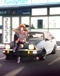 Rule 34 | 1girl, absurdres, adidas, belt, black shorts, black thighhighs, blue bra, blue eyes, bra, brown hair, brown shirt, car, commentary, english commentary, familymart, funkygarage, glowing, headlight, heart, highres, licking lips, looking at viewer, midriff, motor vehicle, navel, off shoulder, on vehicle, original, ponytail, shirt, shoes, shorts, sitting, smile, sneakers, solo, thighhighs, tongue, tongue out, toyota, toyota sprinter trueno, underwear, v, vehicle focus, white belt, white footwear