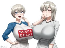 Rule 34 | 2girls, blue eyes, blush, breasts, closed eyes, commentary, fang, grey hair, hand on own hip, hand on own face, highres, huge breasts, lips, long hair, looking at viewer, mature female, mother and daughter, multiple girls, open mouth, parted lips, short hair, simple background, smug, sugoi dekai, tight clothes, twrlare, uzaki-chan wa asobitai!, uzaki hana, uzaki tsuki, white background