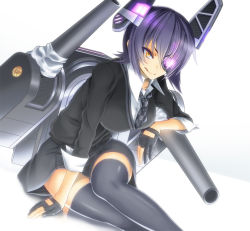 Rule 34 | 10s, 1girl, bad id, bad pixiv id, breasts, cockadooodledoo, eyepatch, fingerless gloves, gloves, headgear, kantai collection, large breasts, machinery, necktie, partially fingerless gloves, personification, purple hair, short hair, sitting, solo, tenryuu (kancolle), thighhighs, tongue, turret, yellow eyes, yokozuwari
