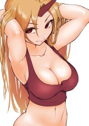 Rule 34 | 1girl, armpits, arms up, blonde hair, bottomless, breasts, cleavage, closed mouth, collarbone, commentary request, crop top, from above, hair flowing over, hands in hair, highres, horns, hoshiguma yuugi, large breasts, long hair, looking at viewer, marsen, navel, oni horns, parted bangs, red eyes, red tank top, simple background, single horn, smile, solo, tank top, touhou, upper body, very long hair, white background