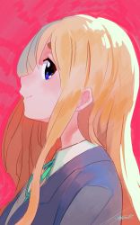 Rule 34 | 1girl, absurdres, blonde hair, blue eyes, blue ribbon, blush, closed mouth, collared shirt, from side, grey jacket, highres, jacket, k-on!, kotobuki tsumugi, long hair, looking at viewer, looking to the side, neck ribbon, red background, ribbon, ryusei hashida, school uniform, shirt, sideways glance, signature, simple background, smile, solo, upper body, white shirt, wing collar