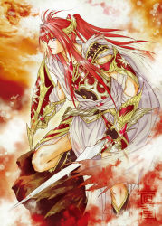 Rule 34 | 1boy, armor, closed mouth, commentary, english commentary, from side, glint, holding, holding shield, holding sword, holding weapon, kazuki-mendou, tolkien&#039;s legendarium, long hair, maedhros, male focus, photoshop (medium), pointy ears, ponytail, purple eyes, red hair, red theme, shield, solo, sword, the silmarillion, tunic, weapon