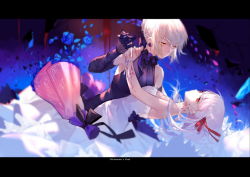 Rule 34 | 2girls, artoria pendragon (all), artoria pendragon (fate), bare shoulders, black dress, black gloves, blonde hair, blue flower, blue rose, blurry, braid, breasts, dark sakura, depth of field, dress, earrings, elbow gloves, expressionless, fate/stay night, fate (series), flower, from side, gloves, gothic lolita, hair ribbon, highres, holding hands, jewelry, joseph lee, letterboxed, lolita fashion, matou sakura, medium breasts, multiple girls, red eyes, red ribbon, ribbon, rose, saber (fate), saber alter, sidelocks, white dress, white hair, yellow eyes