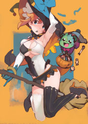Rule 34 | 1girl, arm up, armpits, asymmetrical legwear, ataruman, bangle, bare shoulders, black footwear, black hat, black skirt, black thighhighs, blue eyes, bracelet, breasts, broom, broom riding, candy, cleavage, clothing cutout, elbow gloves, food, gloves, halloween, halloween bucket, halterneck, hat, high heels, highleg, highleg leotard, highres, jewelry, large breasts, legs up, leotard, looking at viewer, microskirt, mismatched legwear, mouth hold, orange background, orange hair, original, panda, samantha (admiral bahroo), shoes, short hair, single thighhigh, skirt, solo, spaghetti strap, thighhighs, thighs, two-tone background, umeru (admiral bahroo), underboob cutout, white gloves, white leotard, witch, witch hat