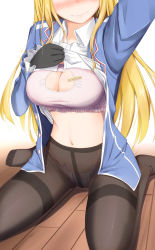 Rule 34 | 1girl, atago (kancolle), ayakase hotaru, black gloves, black pantyhose, blue jacket, blush, bra, breasts, cat lingerie, cleavage, cleavage cutout, clothes lift, clothing cutout, collared shirt, gloves, head out of frame, highres, jacket, kantai collection, kneeling, large breasts, long sleeves, meme attire, navel, open clothes, open jacket, panties, panties under pantyhose, pantyhose, pink bra, reaching, reaching towards viewer, see-through, selfie, shirt, shirt lift, sitting, solo, underwear, wavy mouth, white shirt, wooden floor