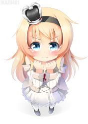 Rule 34 | 10s, 1girl, 3:, 3:&lt;, absurdres, aged down, bare shoulders, blonde hair, blue eyes, crown, dress, from above, frown, hairband, highres, ikazu401, kantai collection, long hair, looking at viewer, md5 mismatch, mini crown, off-shoulder dress, off shoulder, pout, resolution mismatch, revision, self-upload, simple background, solo, source smaller, v-shaped eyebrows, warspite (kancolle), white background