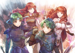 Rule 34 | 2boys, 2girls, alm (fire emblem), armor, breastplate, cape, celica (fire emblem), commentary request, dual persona, fire emblem, fire emblem echoes: shadows of valentia, fire emblem gaiden, gauntlets, green hair, hairband, headband, highres, holding, holding sword, holding weapon, long hair, multiple boys, multiple girls, nintendo, pauldrons, red hair, shoulder armor, smile, sword, tarayuki, tiara, weapon