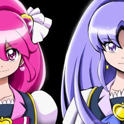 Rule 34 | 10s, 2girls, aino megumi, aitaso, black background, brooch, cure fortune, cure lovely, earrings, hair ornament, happinesscharge precure!, heart, heart brooch, heart hair ornament, hikawa iona, jewelry, long hair, lowres, magical girl, multiple girls, pink eyes, pink hair, precure, purple eyes, purple hair, smile, wide ponytail